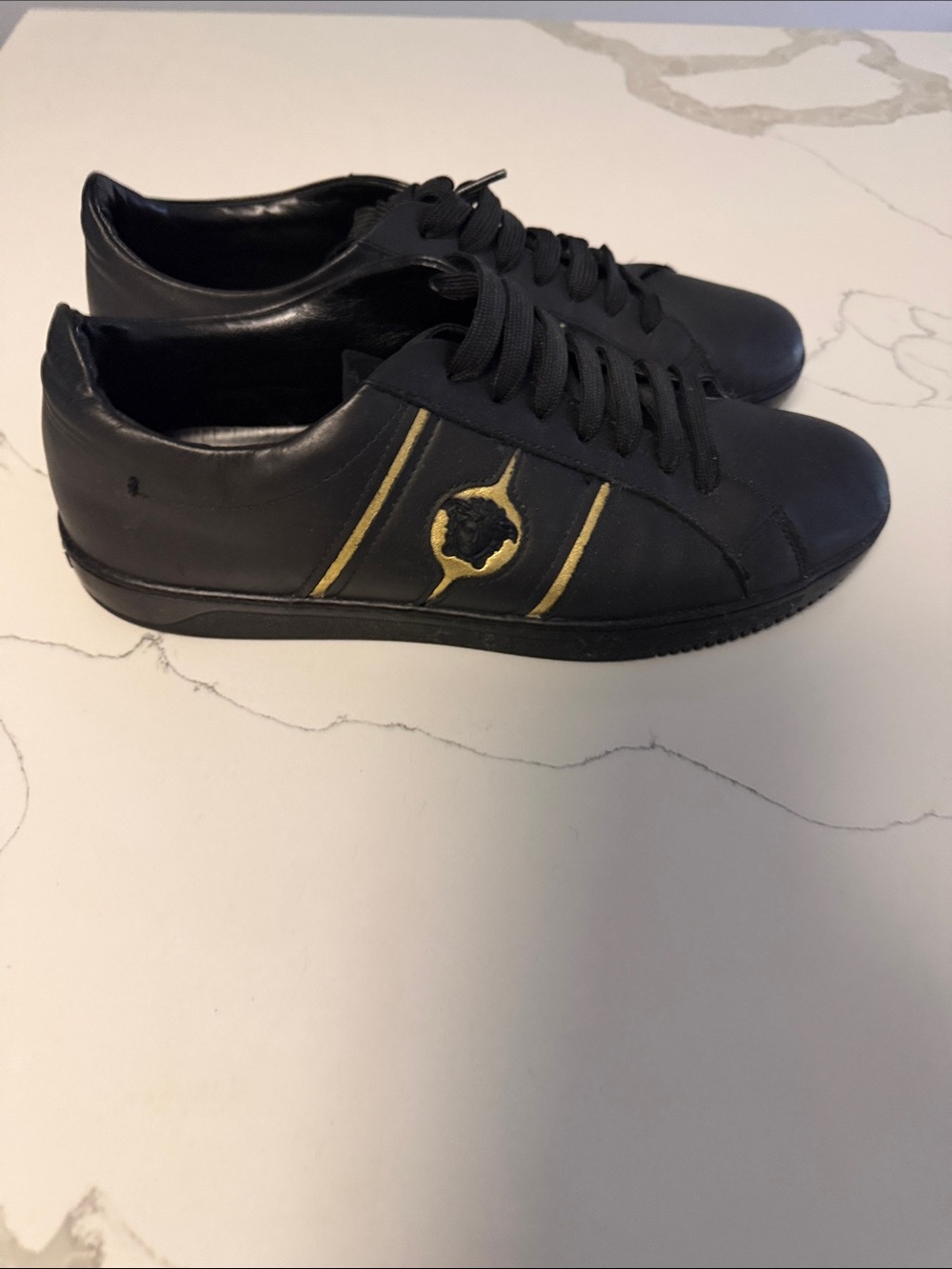 Versace Black Leather Low-Top Sneakers with Gold Trim